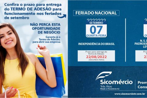 Confira o prazo para entrega do Termo de Adesão para funcionamento nos feriados de setembro