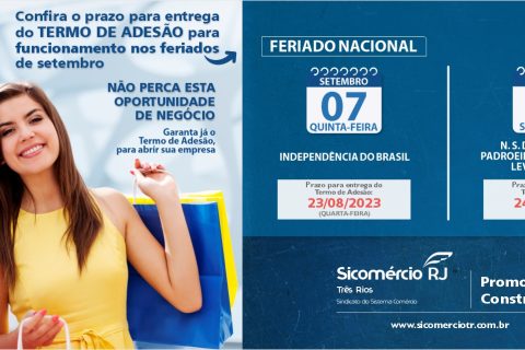 Confira o prazo para entrega do TERMO DE ADESÃO para funcionamento nos feriados de setembro de 2023